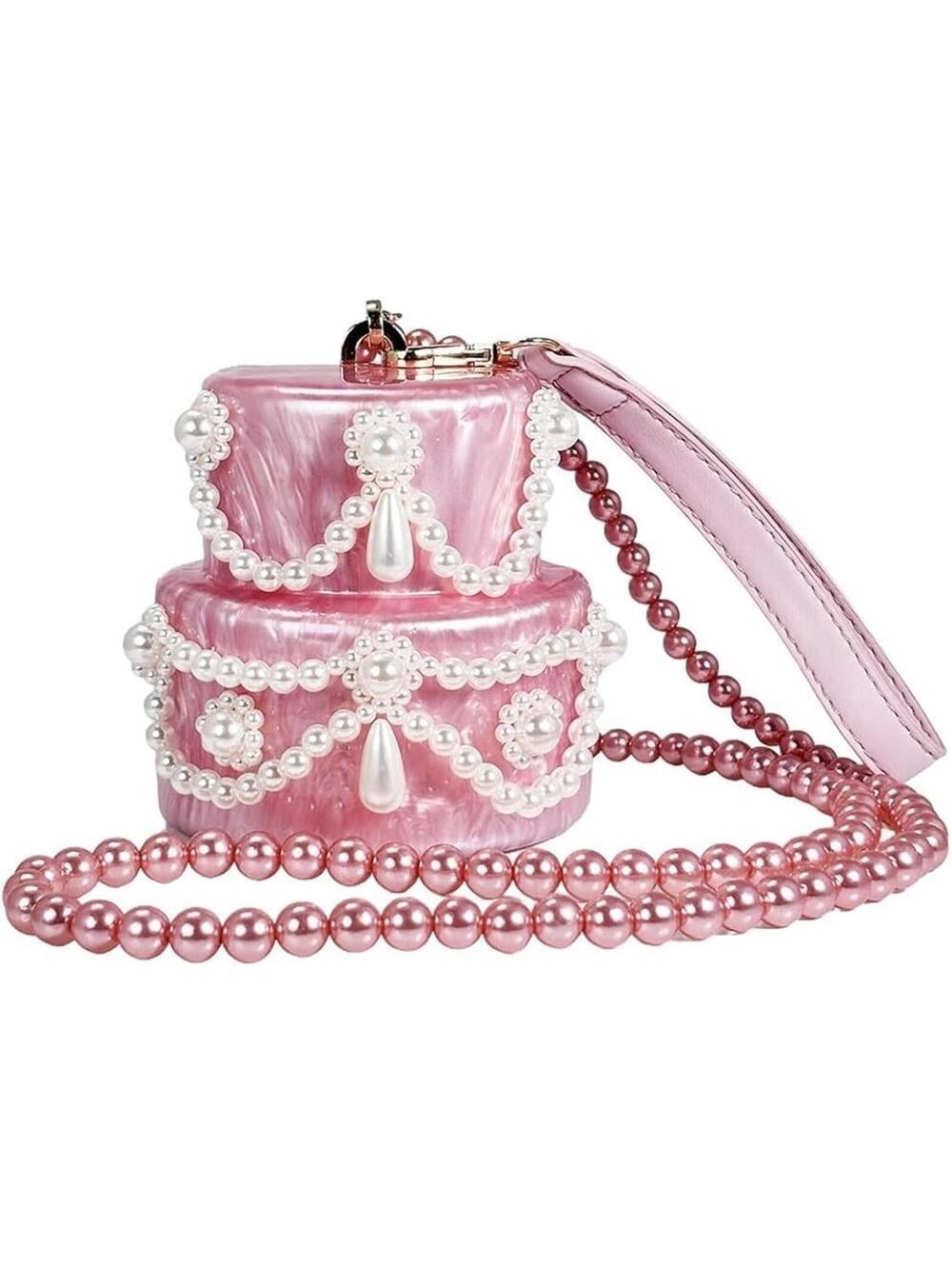 Cake Shaped Acrylic Clutch Pearl Handbags Beaded Evening Bag Mini Clutch - Picture 5 of 6